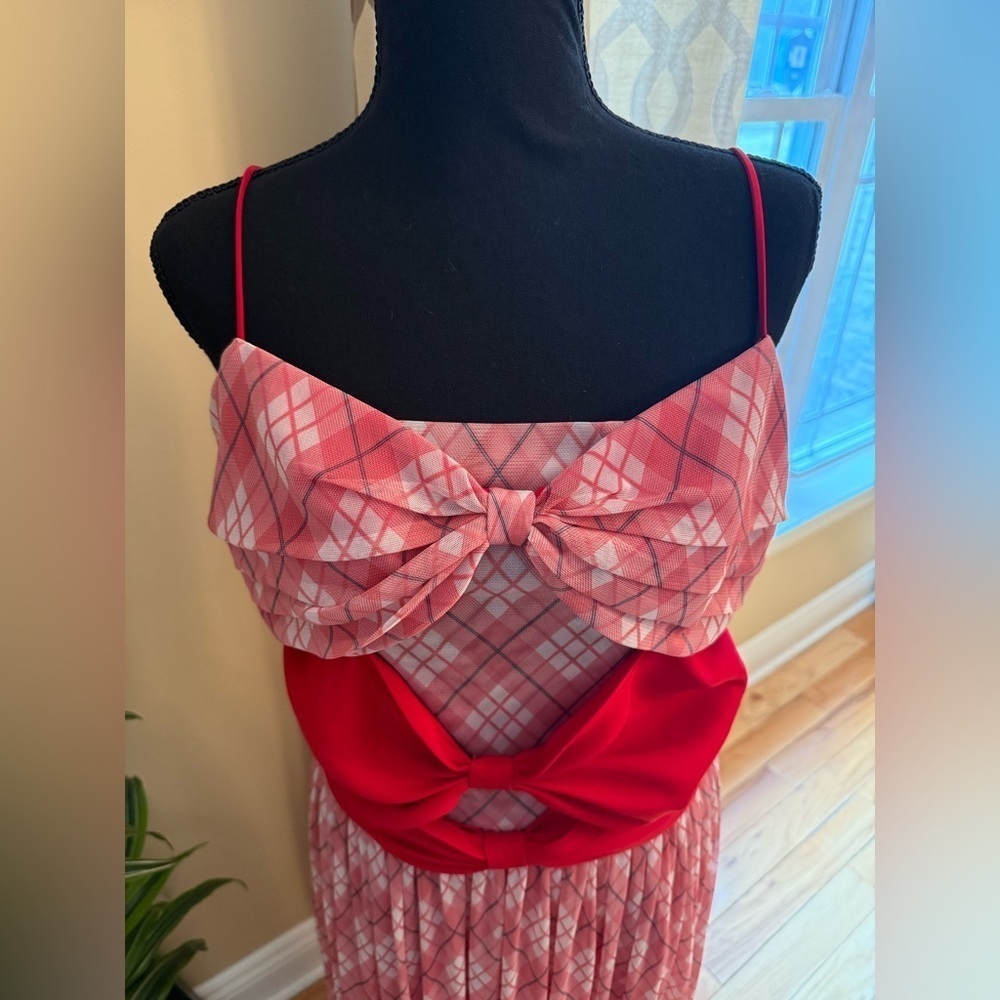 Adam Lippes Red Plaid Midi Sleeveless Dress Bows Women’s Size 12 - Picture 2 of 12